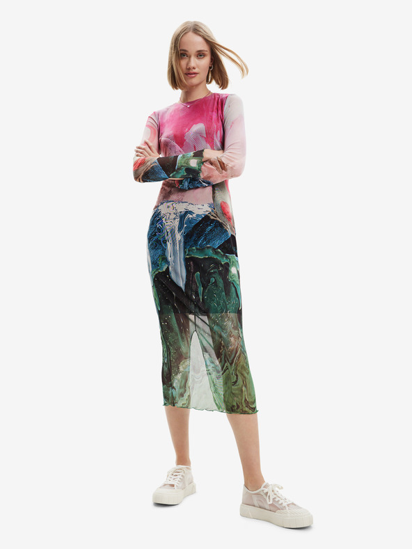 Desigual Desigual Skyline dámske zelené a ružové midi šaty bez rukávov