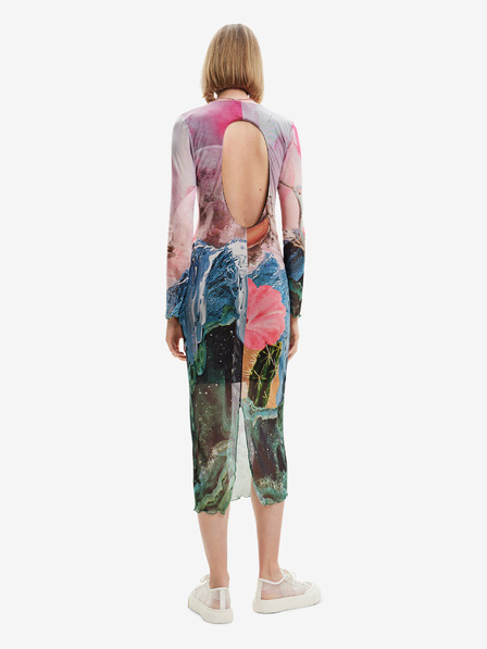 Desigual Desigual Skyline dámske zelené a ružové midi šaty bez rukávov