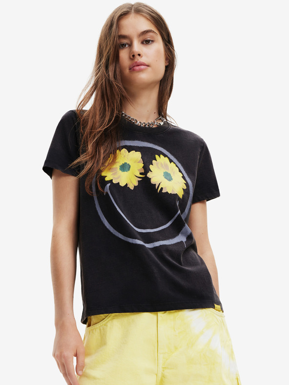 Desigual Čierne dámske tričko Desigual Margarita Smiley