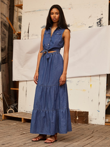 Pepe Jeans Modré dámske džínsové košeľové maxi šaty Pepe Jeans