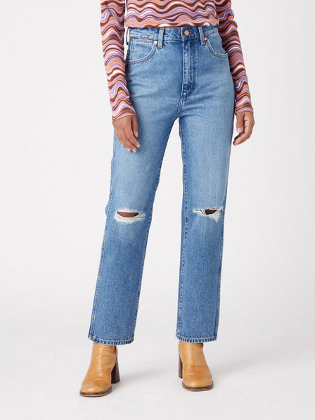 Wrangler Modré dámske džínsy rovného strihu s roztrhaným efektom Wrangler