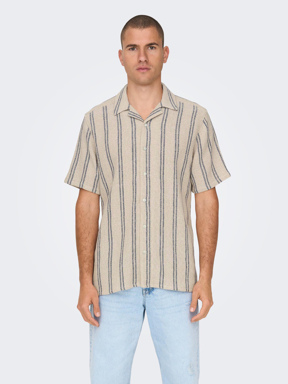 ONLY & SONS Béžová pánska pruhovaná košeľa s krátkym rukávom ONLY & SONS Trev