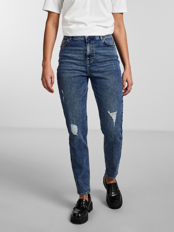 Pieces Modré dámske roztrhané džínsy Mom Fit Pieces Kesia