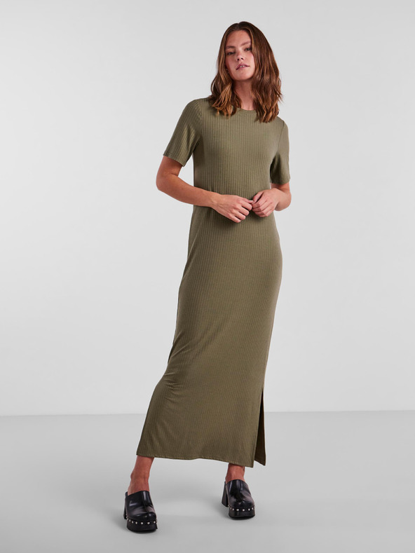 Pieces Khaki dámske základné maxi šaty Pieces Kylie