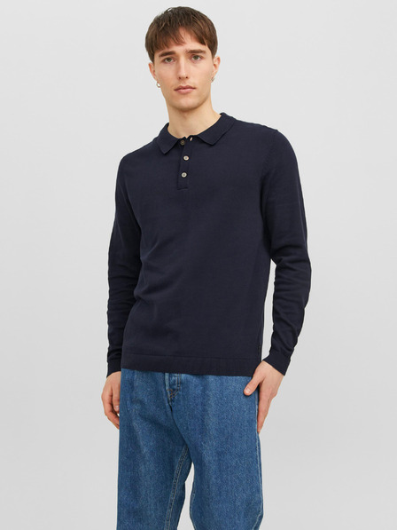 Jack & Jones Tmavomodré pánske pletené polo tričko s dlhým rukávom Jack & Jones Blaigor