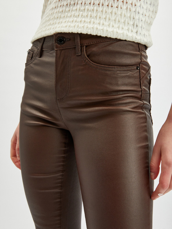 Orsay Tmavohnedé dámske kožené nohavice úzkeho strihu ORSAY