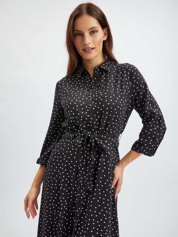 Orsay Čierne dámske bodkované košeľové midi šaty ORSAY