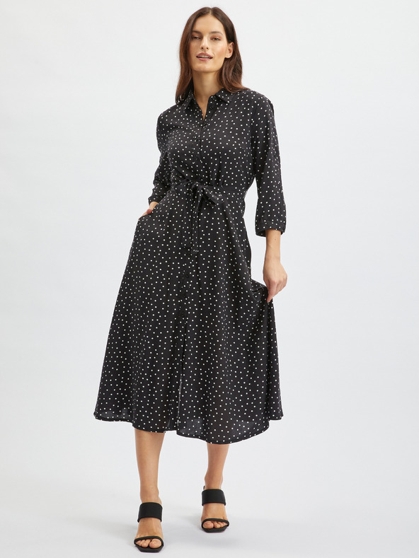 Orsay Čierne dámske bodkované košeľové midi šaty ORSAY