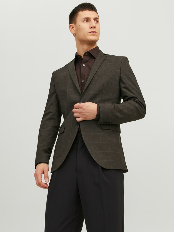 Jack & Jones Tmavohnedé pánske sako Jack & Jones Solaris Plaid Blazer