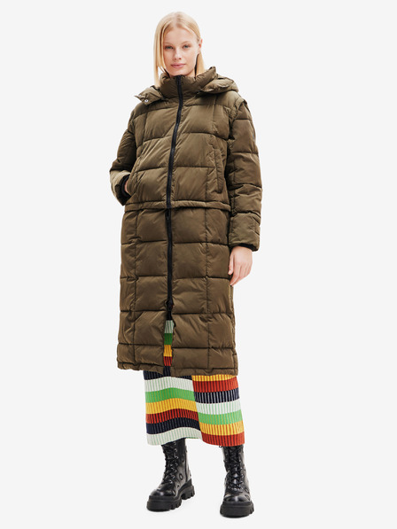Desigual Khaki dámsky zimný prešívaný kabát/vesta Desigual Tetris