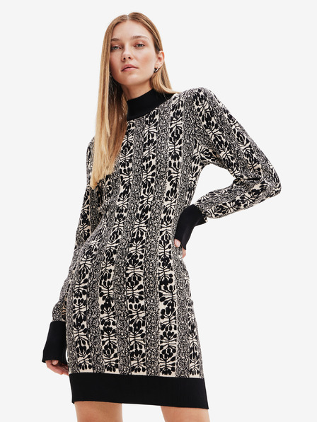 Desigual Béžovo-čierne dámske vzorované svetrové šaty Desigual Francesca - Lacroix