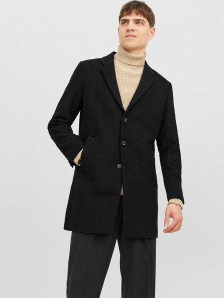 Jack & Jones Čierny pánsky kabát Jack & Jones Morrison zo zmesi vlny