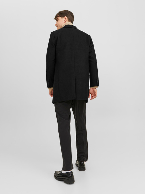 Jack & Jones Čierny pánsky kabát Jack & Jones Morrison zo zmesi vlny