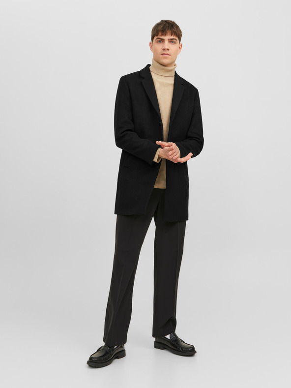 Jack & Jones Čierny pánsky kabát Jack & Jones Morrison zo zmesi vlny
