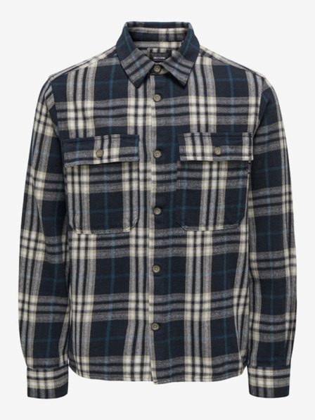 ONLY & SONS Béžová a modrá pánska kockovaná flanelová košeľa ONLY & SONS Scott
