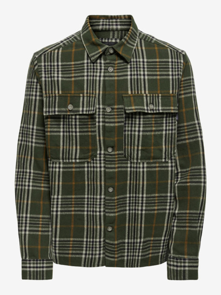 ONLY & SONS Béžová a zelená pánska kockovaná flanelová košeľa ONLY & SONS Scott