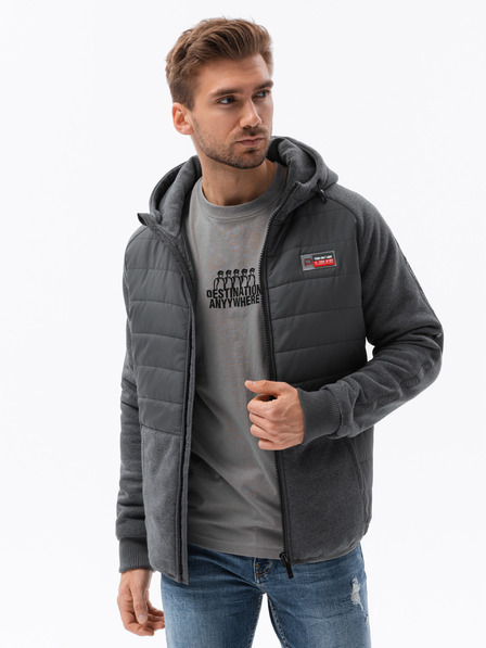 Ombre Clothing Tmavosivá pánska ľahká bunda s kapucňou Ombre Oblečenie