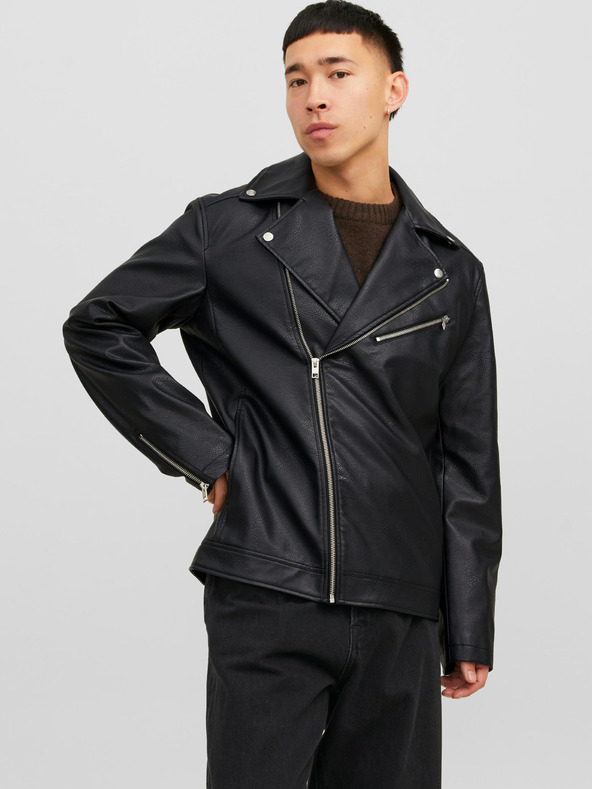 Jack & Jones Čierna pánska kožená bunda Jack & Jones Rocky