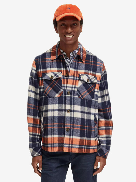 Scotch & Soda Modrá pánska košeľová ľahká bunda so zmesou vlny Scotch & Soda