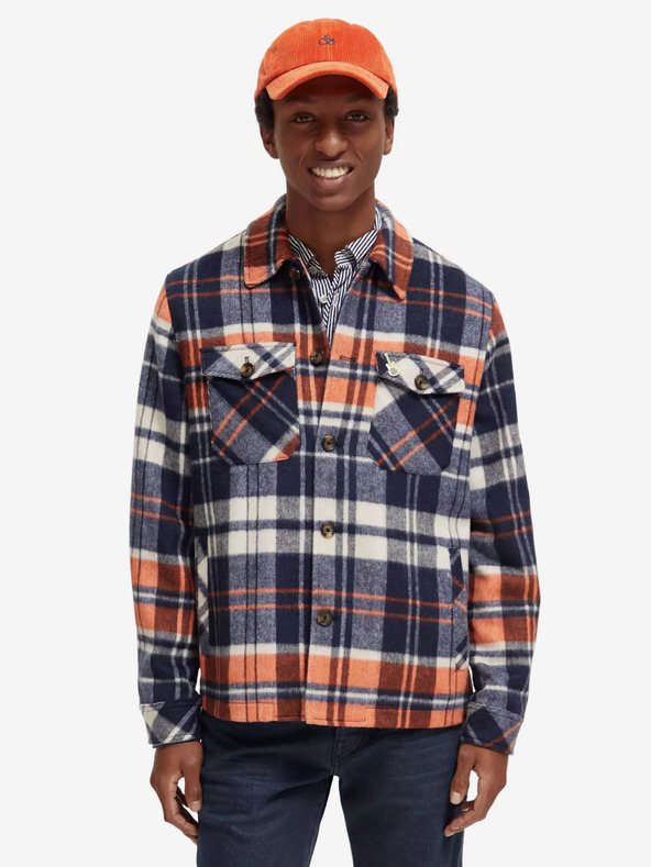 Scotch & Soda Modrá pánska košeľová ľahká bunda so zmesou vlny Scotch & Soda