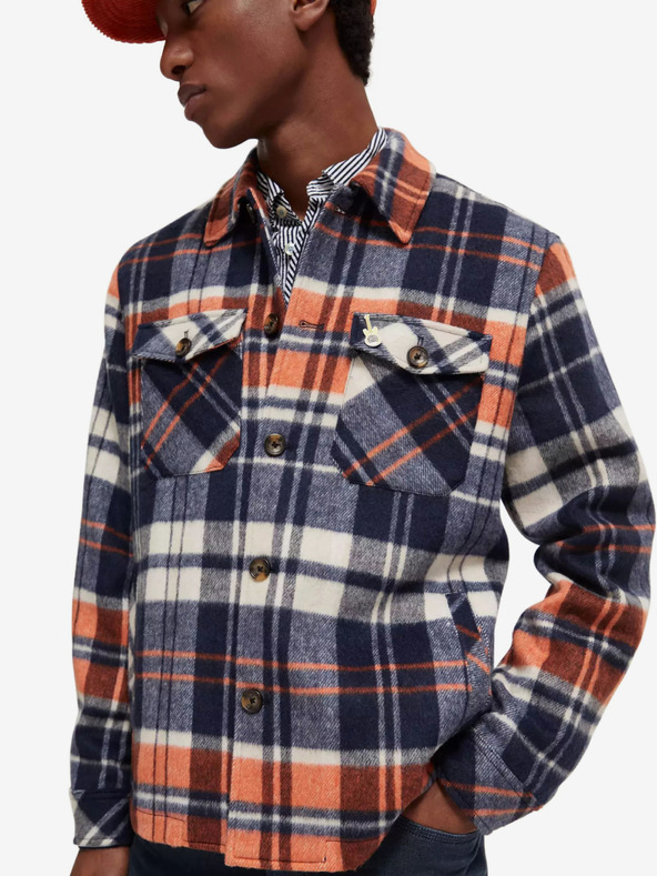 Scotch & Soda Modrá pánska košeľová ľahká bunda so zmesou vlny Scotch & Soda