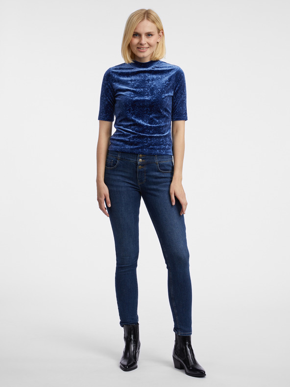 Orsay Tmavomodrý dámsky vzorovaný zamatový top ORSAY