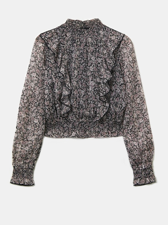 TALLY WEiJL Bielo-čierna kvetinová volánová krátka blúzka TALLY WEiJL