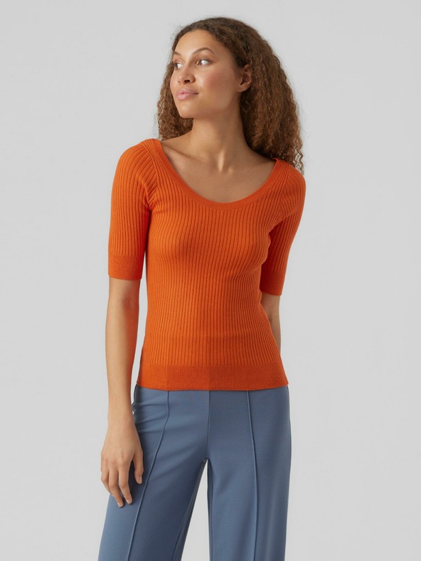 Vero Moda Oranžové dámske rebrované základné tričko VERO MODA Estela