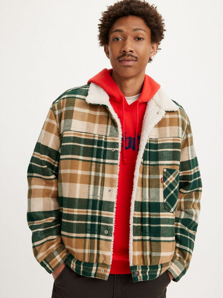 Levi's® Zeleno-hnedá pánska kockovaná bunda Levi's® Type 1 Sherpa Trucker z vlnenej zmesi