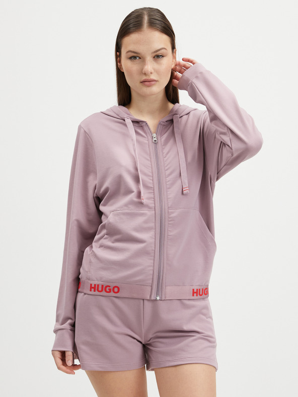 HUGO Dámska mikina HUGO s kapucňou na zips v staroružovej farbe