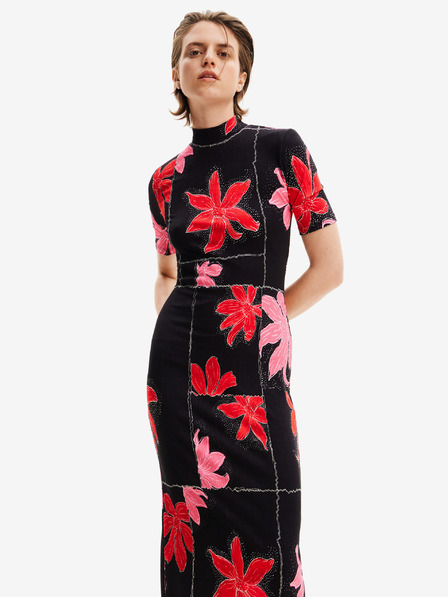 Desigual Červeno-čierne dámske kvetované pletené midi šaty Desigual Quebec