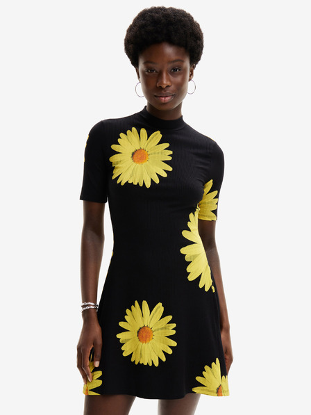 Desigual Desigual Margaritas žlto-čierne dámske kvetované šaty