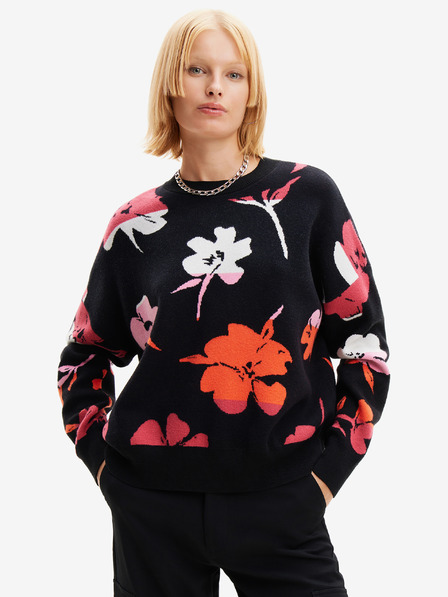 Desigual Červeno-čierny dámsky kvetovaný sveter Desigual Luca