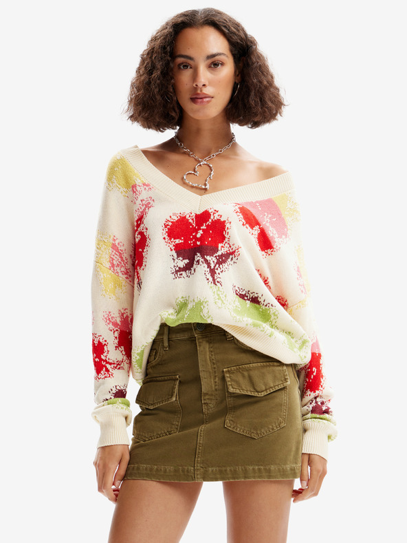 Desigual Červeno-krémový dámsky kvetinový sveter Desigual Join