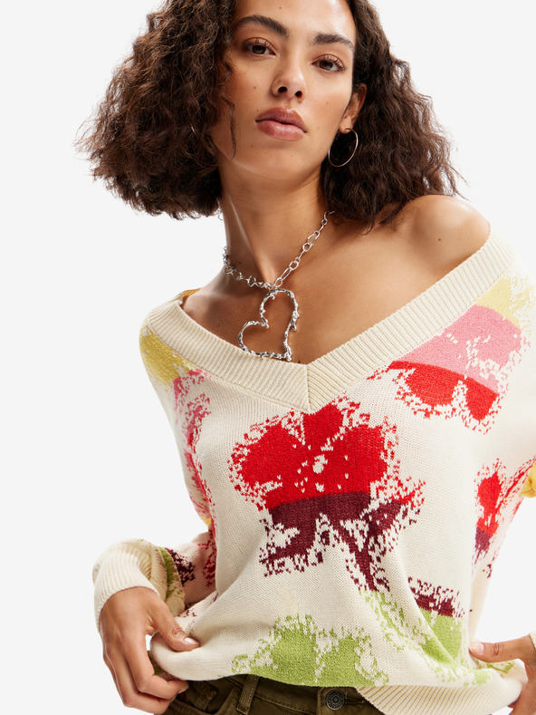 Desigual Červeno-krémový dámsky kvetinový sveter Desigual Join