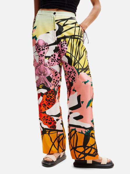 Desigual Žlto-ružové dámske vzorované hodvábne nohavice Desigual Ericeira Lacroix