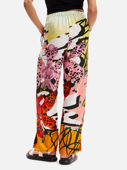 Desigual Žlto-ružové dámske vzorované hodvábne nohavice Desigual Ericeira Lacroix