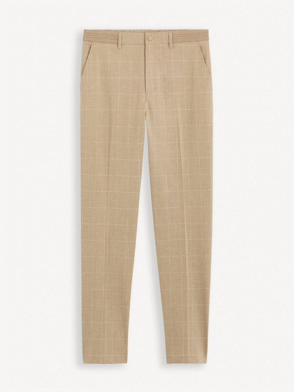 Celio Béžové pánske kockované chino nohavice Celio Gocarreau