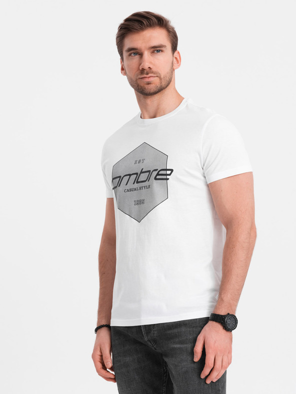Ombre Clothing Biele pánske tričko s geometrickou potlačou Ombre Oblečenie