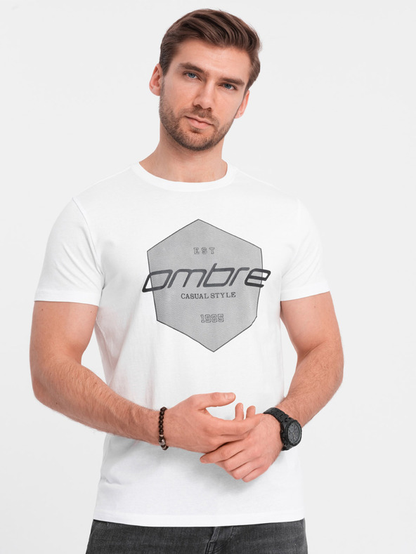 Ombre Clothing Biele pánske tričko s geometrickou potlačou Ombre Oblečenie