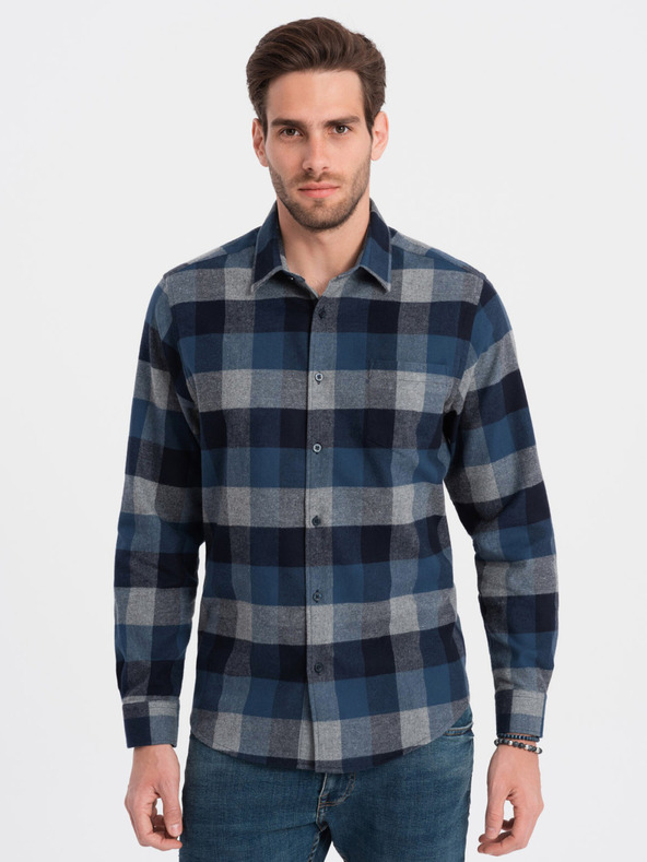 Ombre Clothing Modrá pánska kockovaná flanelová košeľa Ombre Oblečenie