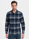 Ombre Clothing Modrá pánska kockovaná flanelová košeľa Ombre Oblečenie
