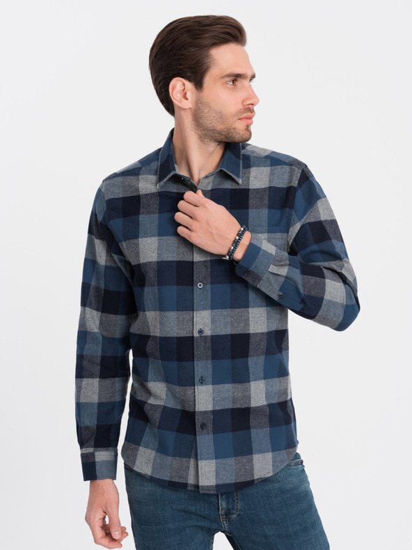 Ombre Clothing Modrá pánska kockovaná flanelová košeľa Ombre Oblečenie