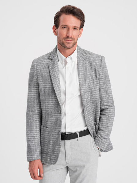 Ombre Clothing Šedá pánska károvaná bunda s prímesou vlny Ombre Oblečenie