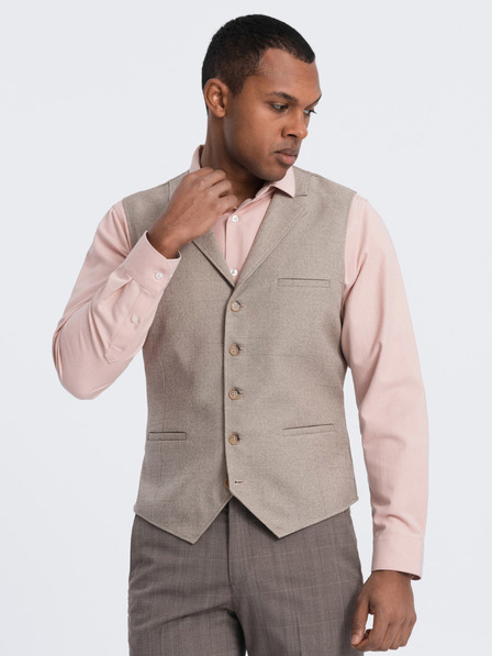 Ombre Clothing Béžová pánska obleková vesta s golierom Ombre Clothing