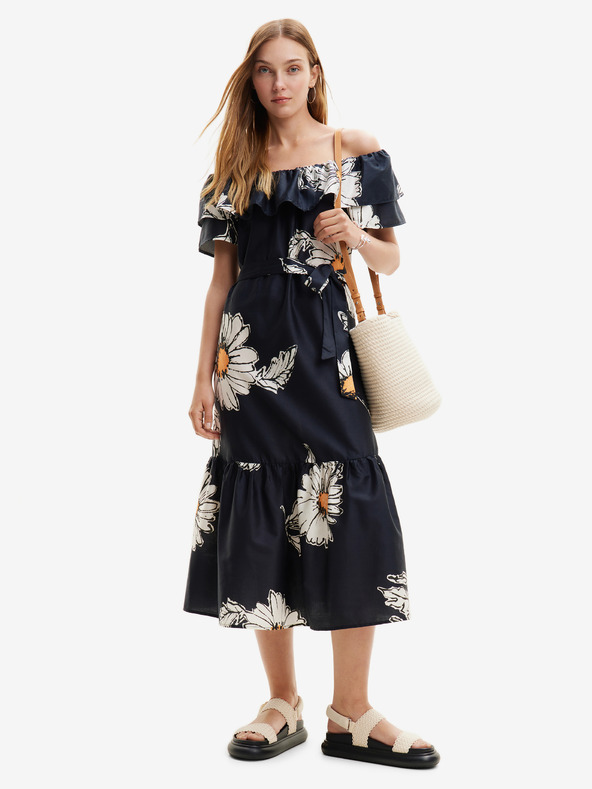 Desigual Čierne dámske kvetinové midi šaty Desigual Georgeo