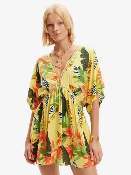 Desigual Žlté dámske kvetované plážové šaty Desigual Top Tropical Party