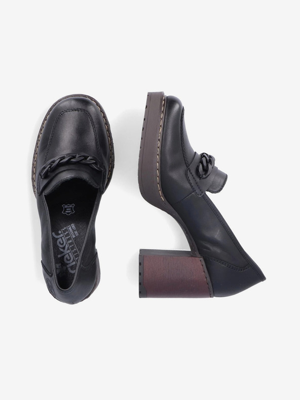 Rieker Čierne dámske kožené mokasíny na podpätku Rieker