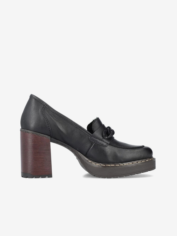 Rieker Čierne dámske kožené mokasíny na podpätku Rieker