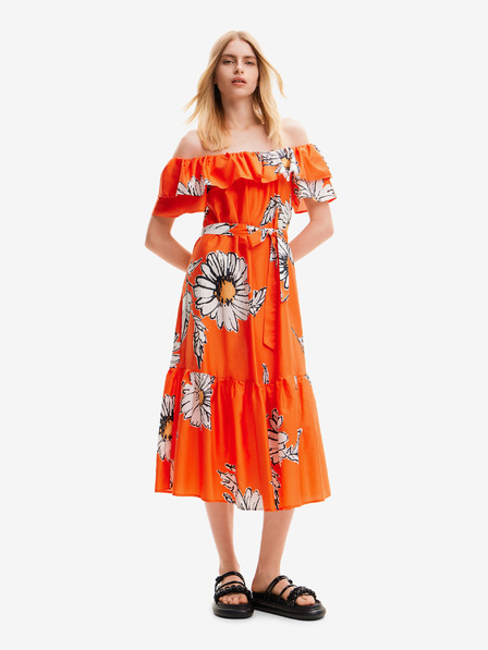Desigual Oranžové dámske kvetinové midi šaty Desigual Georgeo